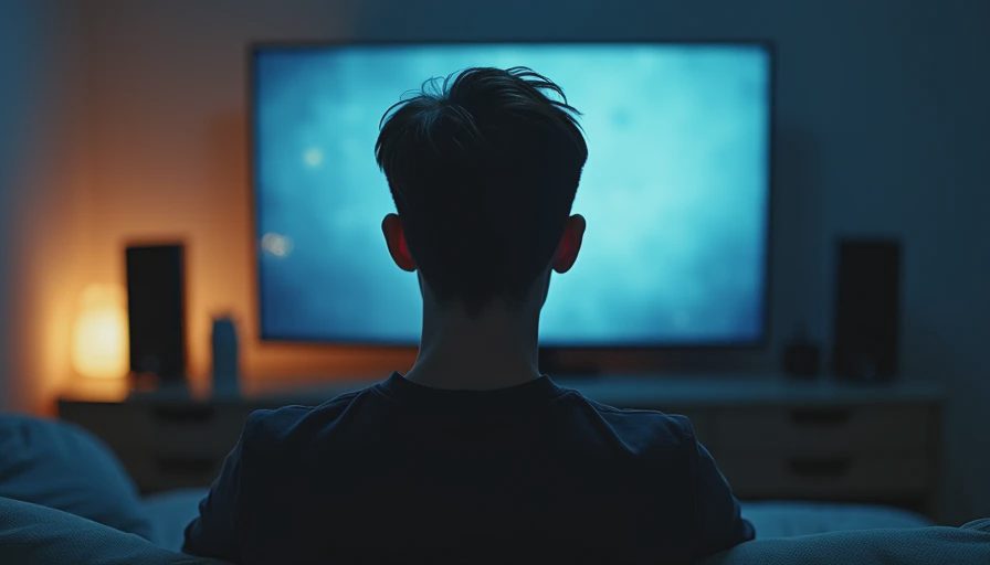 A person sitting in front of a dark computer screen with a warm ambient glow in a moody room looking at the display.webp