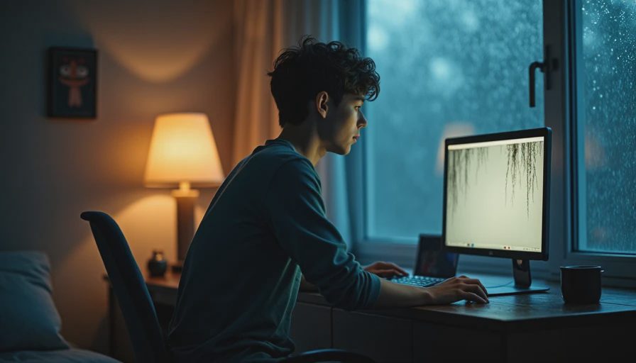 A person sitting in front of a computer desk looking out a rain-streaked window at night with a dim ambient light in a quiet room.webp