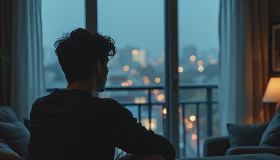 A person sitting in front of a dark computer screen looking out a window at night in a dimly lit room.webp