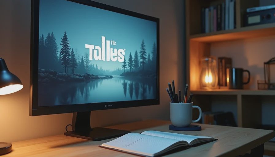 Close-up of a dark wooden desk setup showing a glowing monitor displaying a minimalist game title menu next to an open sketchbook and ceramic mug.webp