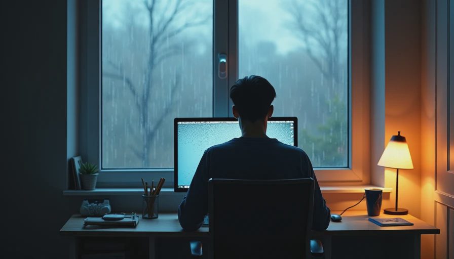 A person sitting in front of a dark computer screen in a moody room looking out a window at night.webp