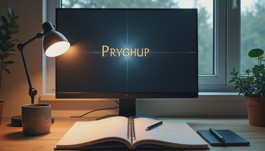 Close-up of a desk setup with a glowing monitor showing a minimalist game menu beside an open sketchbook and mug.webp