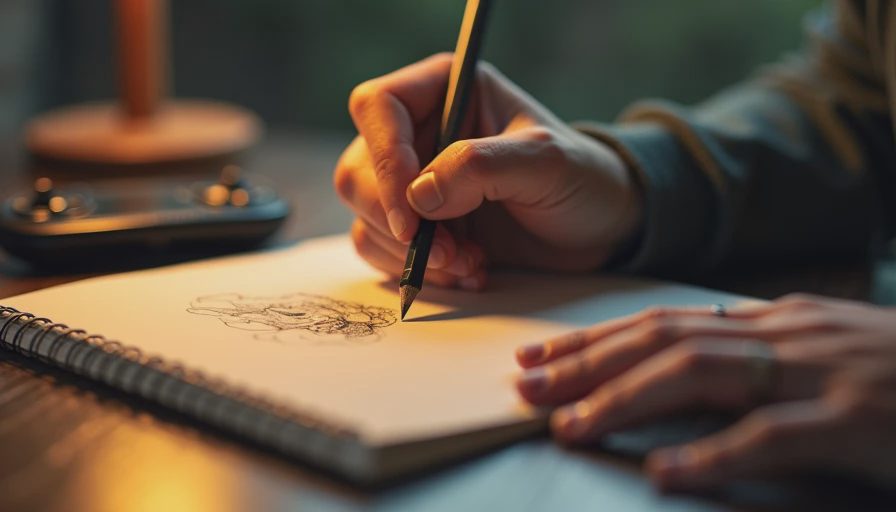 Close-up of artist's hands sketching a game landscape in an open notebook next to a glowing handheld console on a wooden desk.webp