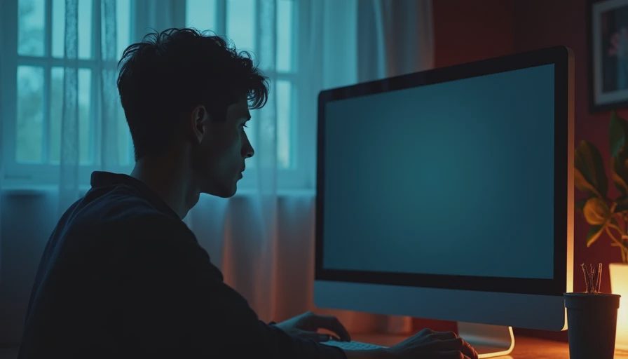 Back view of a person sitting quietly in front of a dark computer screen with a faint ambient glow in a moody, dimly lit room.webp