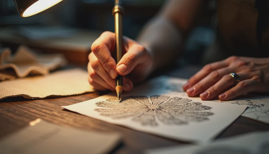 Close-up of artist hands using a pencil to sketch a game landscape on paper next to a handheld console on a wooden desk.webp
