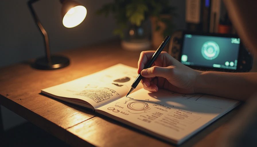 Close-up of artist hands using a pencil to sketch a game UI layout in an open notebook beside a glowing handheld console.webp