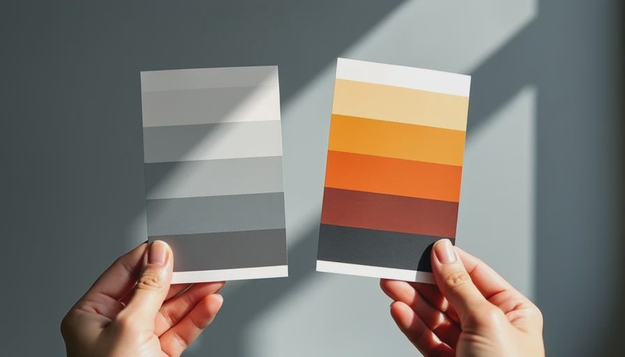 Hands holding color swatch cards showing cool slate grays beside warm ochre tones against gray background.webp