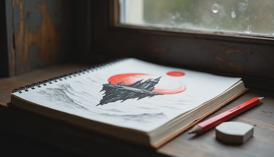 Sketchbook page on windowsill showing graphite drawing of surreal floating island with medieval towers beneath red celestial body.webp