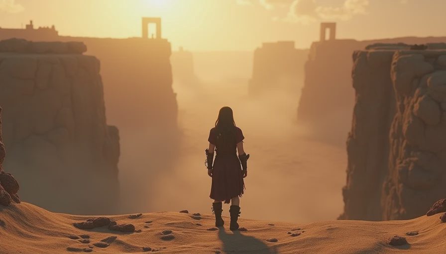 Third person game screenshot of long haired character standing in desert landscape looking at ancient ruins.webp
