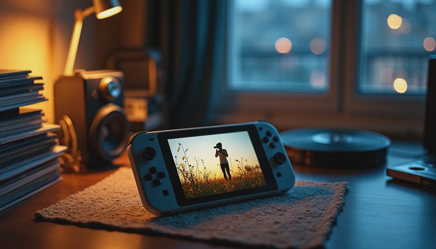 A handheld gaming console displaying a photographer standing in a golden flower field on a dark wooden desk.webp