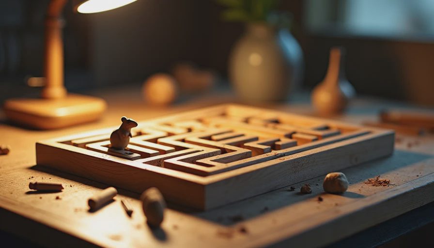 A miniature carved wooden mouse in a handmade maze on a craftsman desk, representing the stop-motion game Éalú.webp