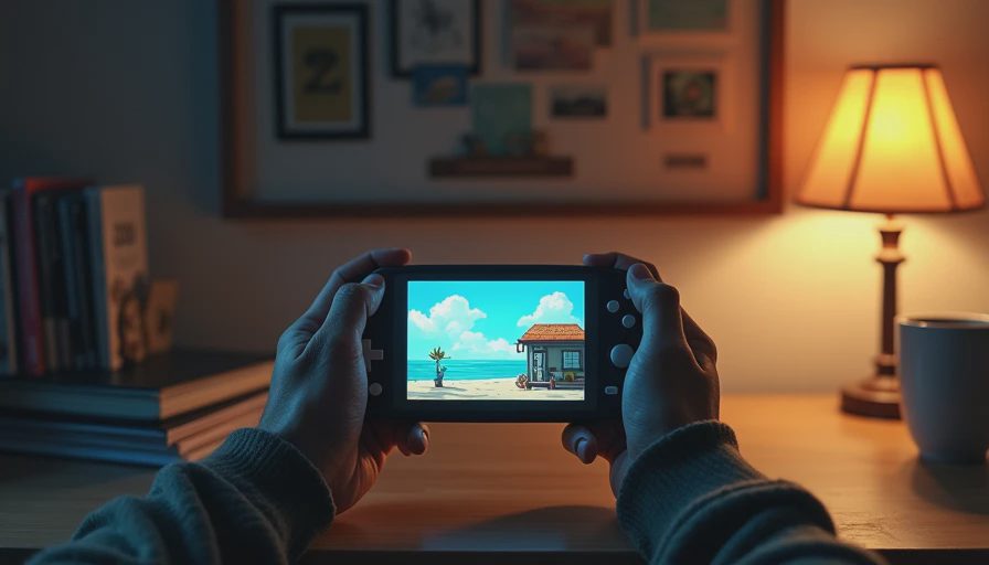 Hands holding a glowing handheld gaming console displaying a cozy seaside post office in a dimly lit room at night.webp