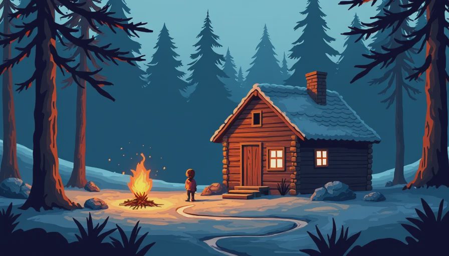 Pixel art scene of game character sitting by campfire near wooden cabin in pine forest at night.webp