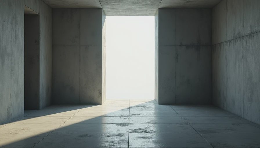 Empty brutalist concrete hallway with cool pale daylight forming square light block on floor.webp