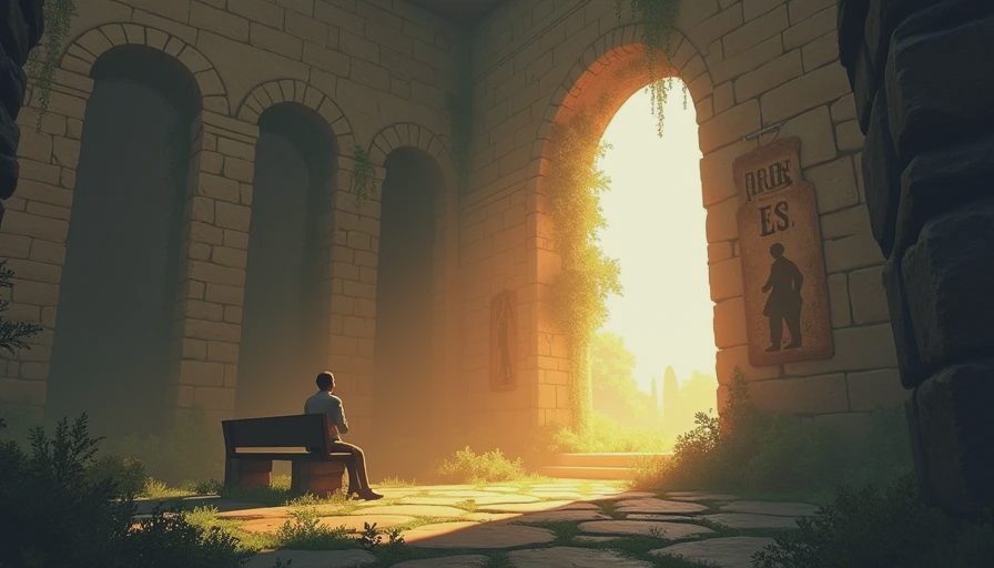 Gameplay perspective of lone character on stone bench looking at ancient wall engravings inside stone ruin.webp