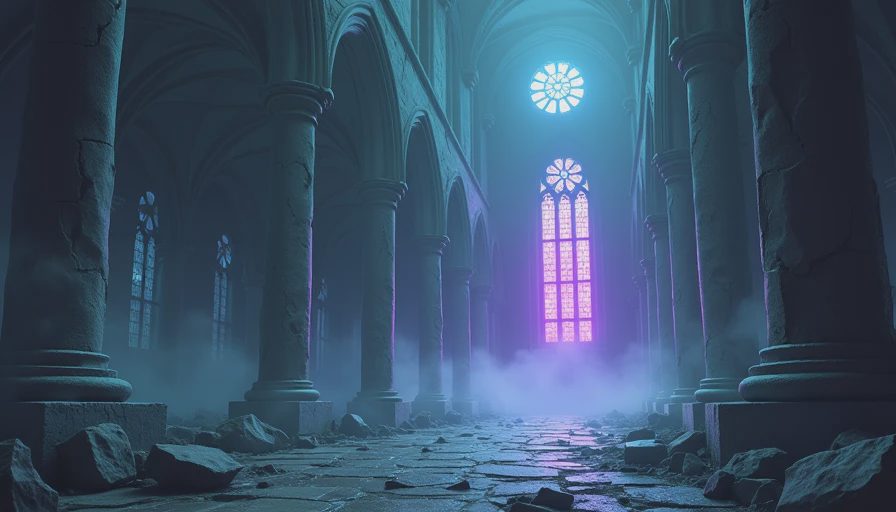 3D game environment of an ancient stone cathedral corridor with light streaming through stained glass windows.webp