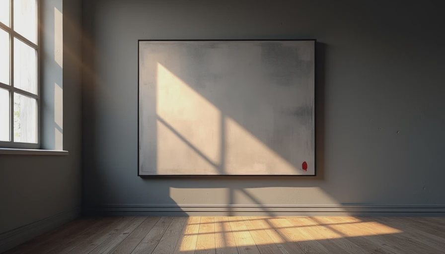 Art gallery interior with sunlight shining on minimalist canvas showing single red stroke on dark wall.webp