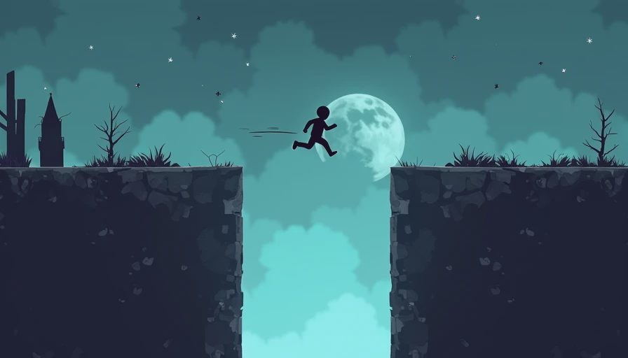 Pixel art game screenshot of runner silhouette mid air dashing between concrete pillars.webp