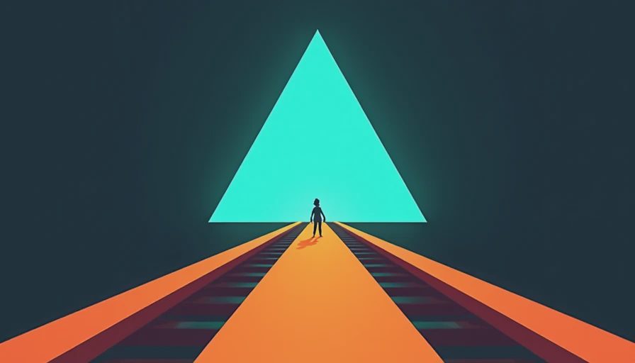 Stylized 2.5D side scrolling indie game screenshot of character on orange track under cyan triangle.webp