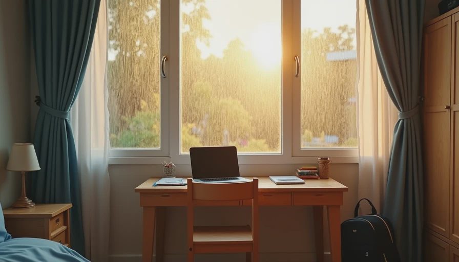 Realistic photograph of cozy teenager bedroom with raindrops on large window and sunlight on wooden desk with laptop.webp