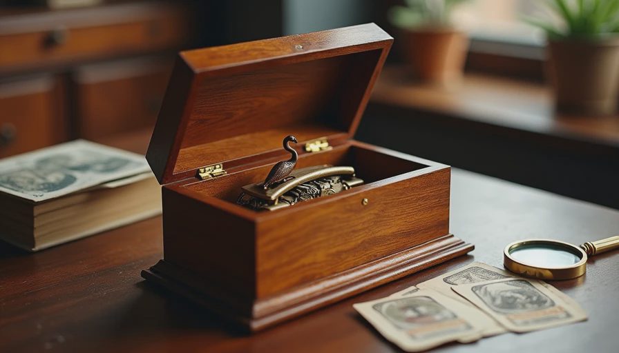 An opened vintage wooden music box showing a small carved swan and gears on a desk, representing the puzzle game Swan Song.webp