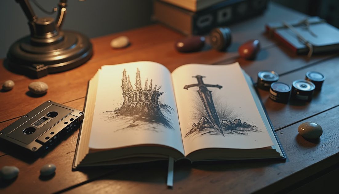 Artist sketchbook on wooden table under warm desk lamp with graphite game sketches and vintage cassette tapes.webp
