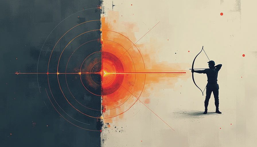 An archer taking aim through an illuminated reticle at a distant light in low light, depicting precision mechanics in Many Nights a Whisper.webp