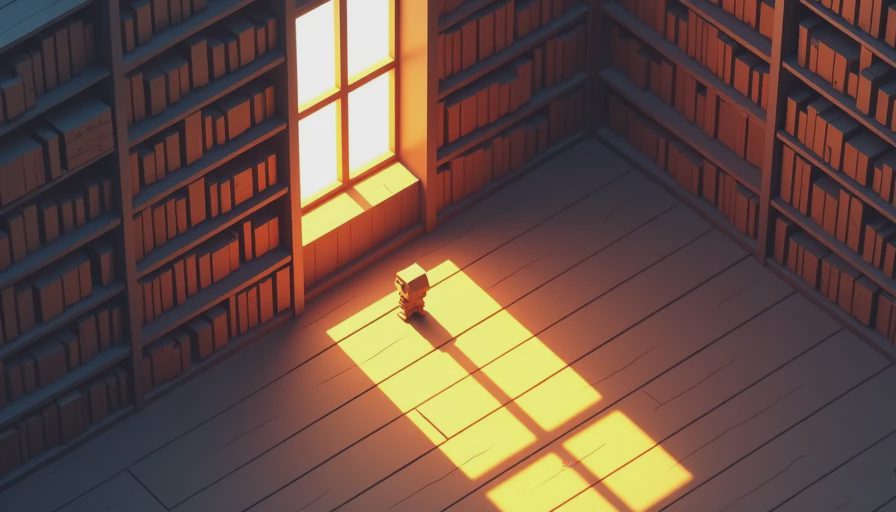 Isometric view of a tiny character inside a wooden library framed by warm diagonal sunlight through window blinds.webp