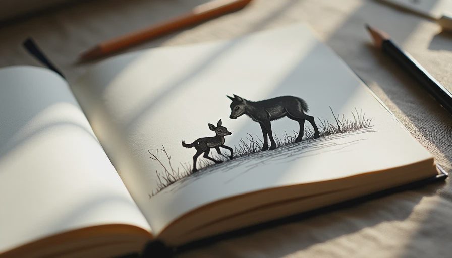 Real photo of open artist sketchbook on linen tablecloth with graphite drawing of wolf cub and fawn in snowy field.webp