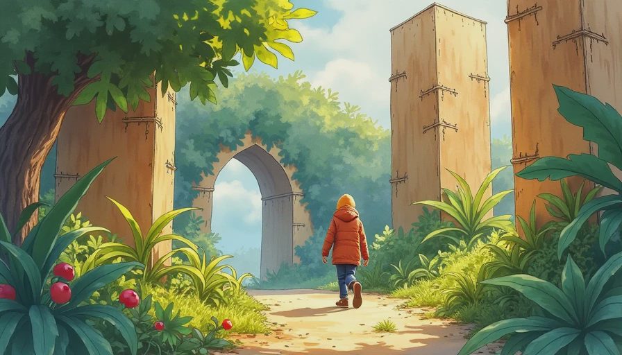 Illustration of a child in a red jacket walking down a path between overgrown greenery and tall stone ruins.webp