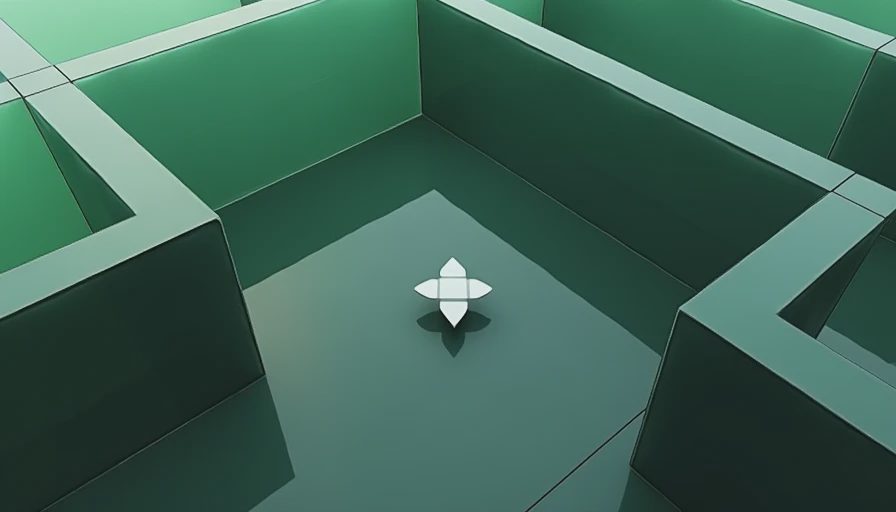 Low poly minimalist 3D indie game screenshot showing green isometric concrete structures and geometric cross icon.webp
